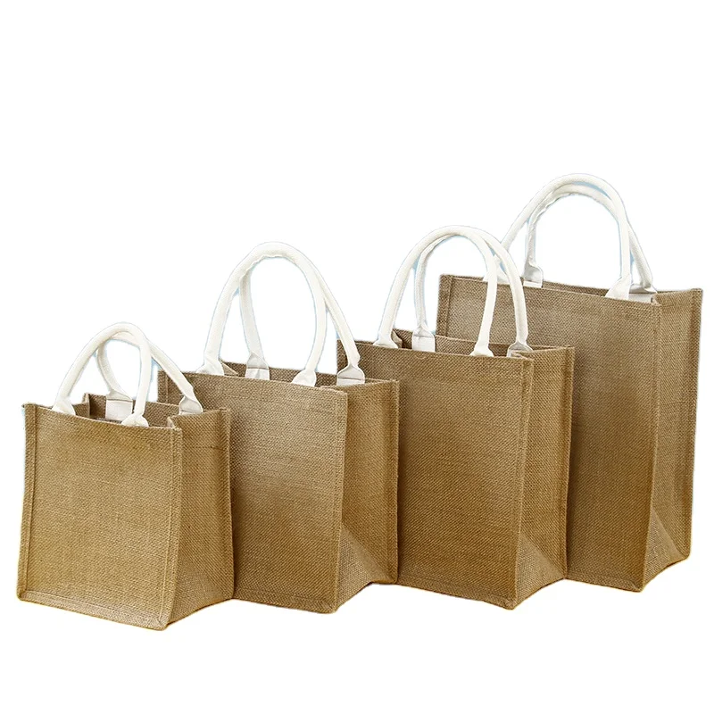 Wholesale Promotion Linen Hessian Hemp Jute Grocery Shopping Burlap Beach Tote Bag With Handle