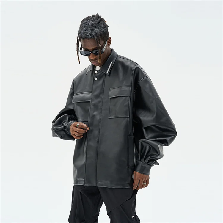 Black soft buffed leather men jackets Turn-down Collar zipper closure patch pockets custom logo mens pu leather jackets