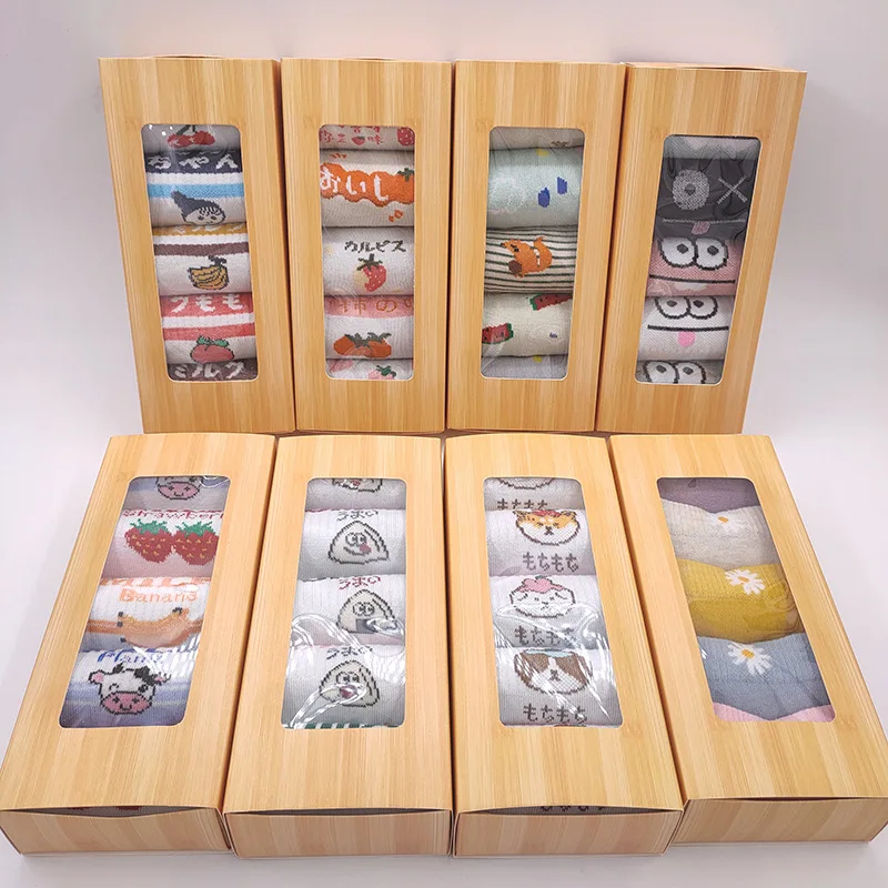 Wholesale Custom Gift Box Candy Color Crew Cotton Cute Cartoon Anime Fruit Letter Plaid Print Women Socks