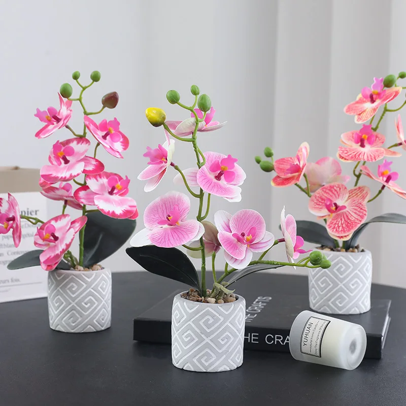 Artificial Orchid Flower with Pretty Ceramic Vase Faux Orchid Phalaenopsis Arrangement for Wedding Indoor and Outdoor Decoration