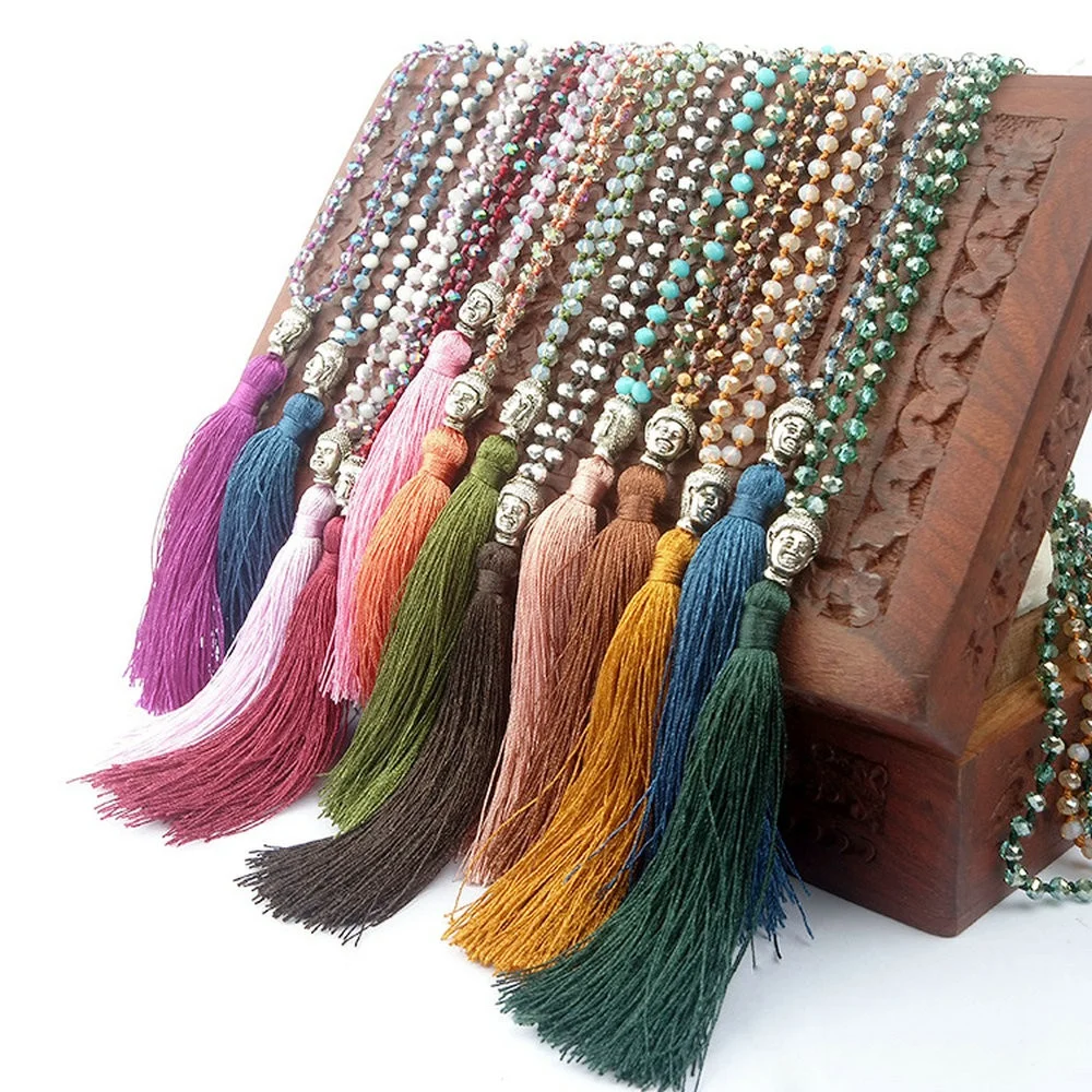 Knotted Rondelle Crystal Long Tassel Mala Facet Bead Namo Religion Necklace Buddha Head Prayer Necklace handmade Jewelry
