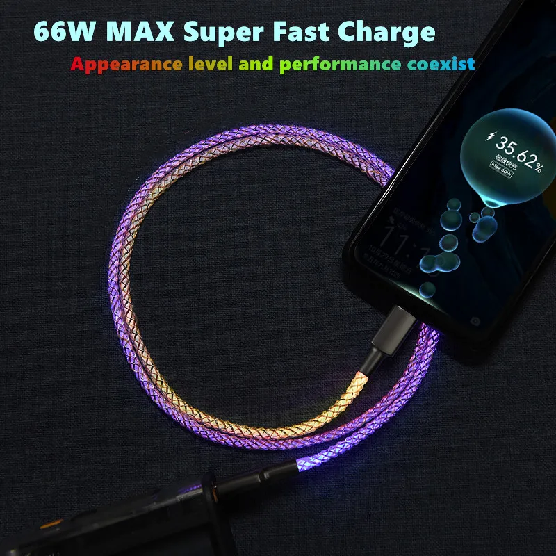 Settpower JBA03 66W RGB colorful gradient LED soft light super fast charging data cable 6A data transmission charging cable
