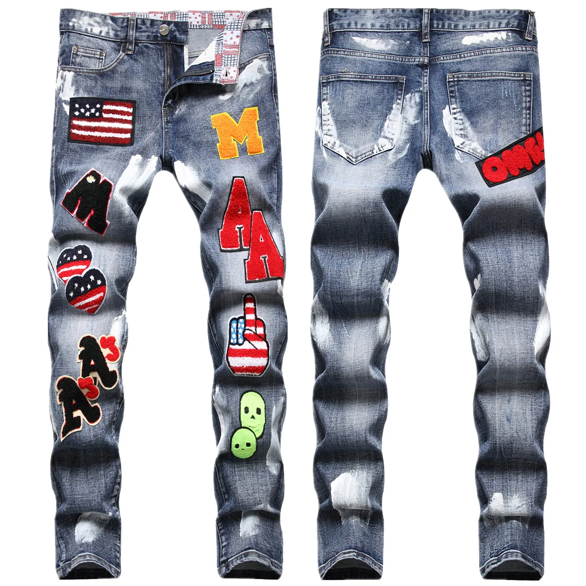 Custom Distressed Enzyme Wash Stonewashed Streetwear Hip Hop Y2K Male Patched slim fit Stacked Denim Men skinny Jeans
