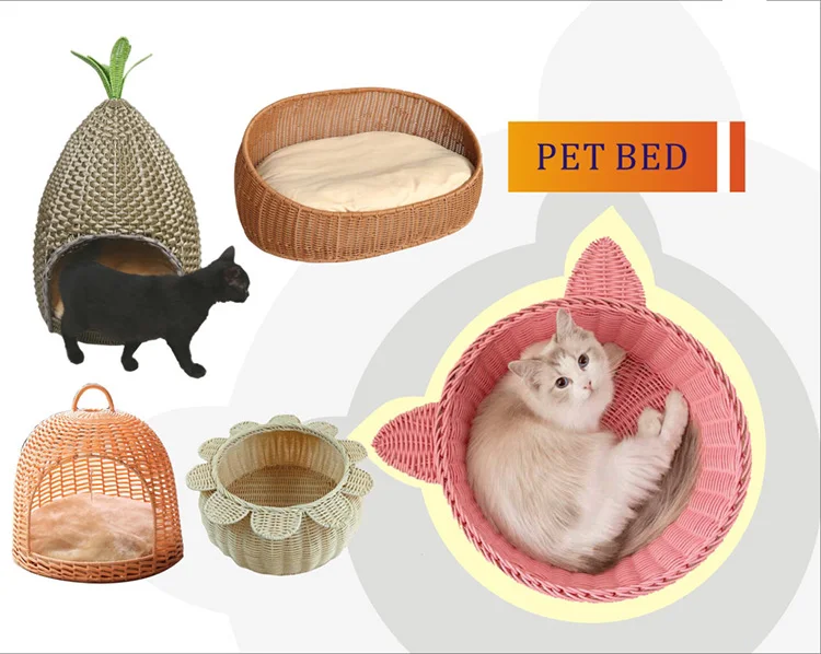Wholesale Cute Pet Product Cages Houses Summer Washable Eco Friendly PE Rattan Cat Houses Bed