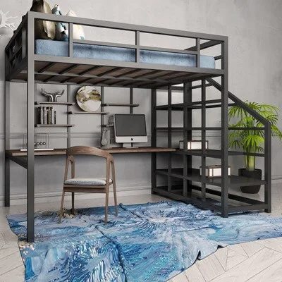 New Design Double Queen Size Heavy Duty Steel Metal Home Hotel Hostel Use Bed Adult With Wood Stair Bunk Bed