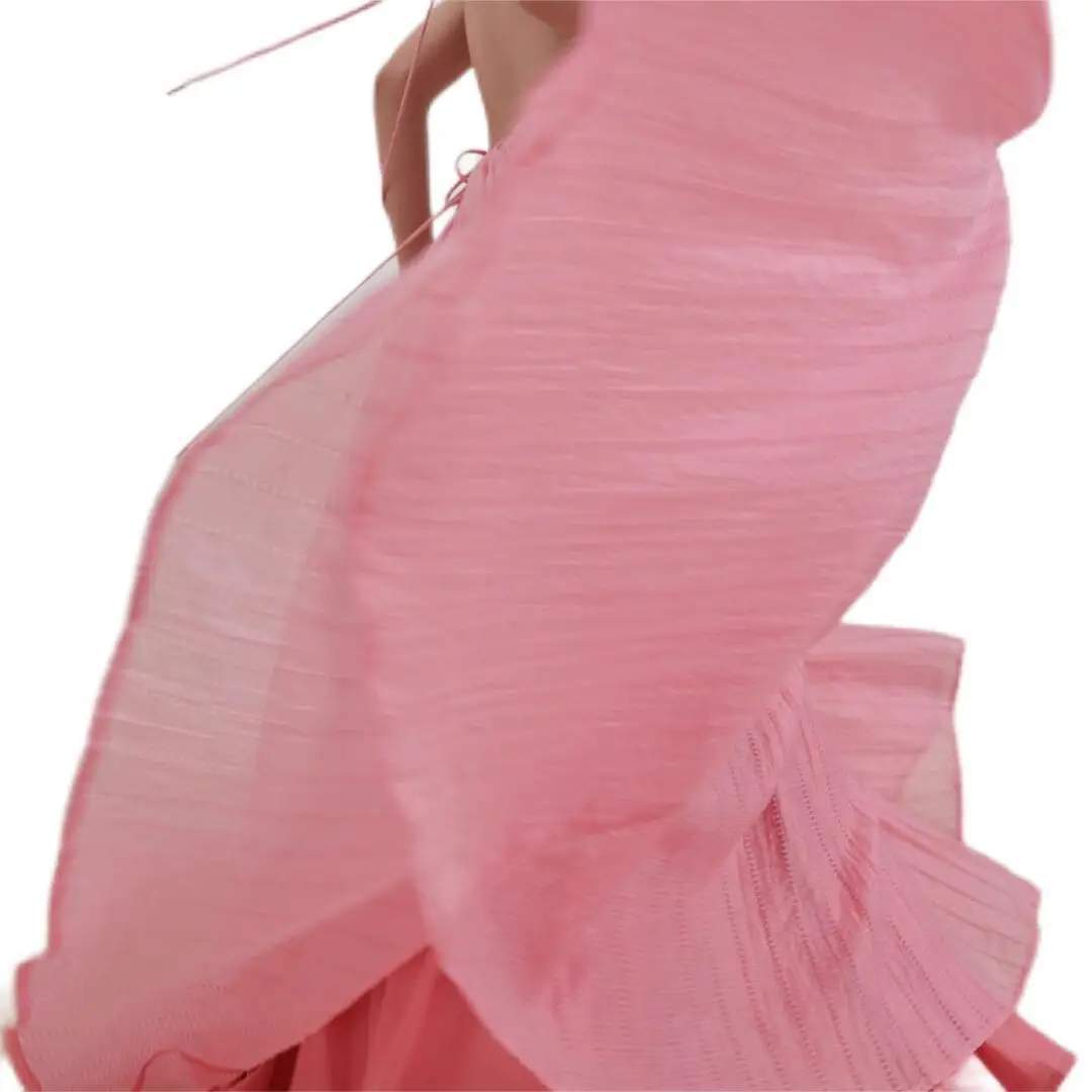 Female  Casual Back Strap Design Large Swing Type Light Peach Pink Lyocell Nylon Maxi Dresses Women High Waist Suspender Dresses