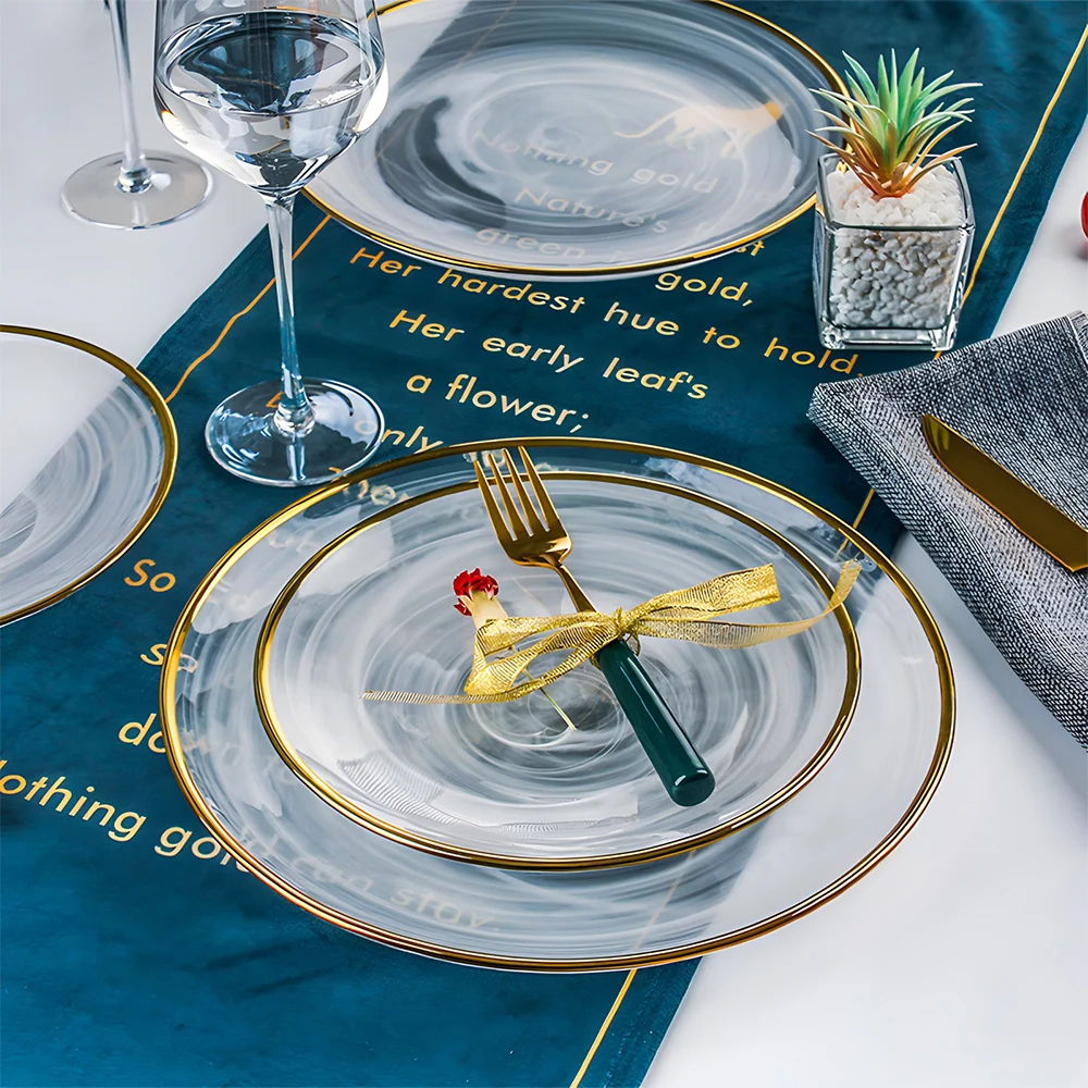 Wholesale Modern Unique Custom Luxury Cloud Pattern Heat Resistance Gold Rim Crystal Clear Glass Charger Plates For Wedding