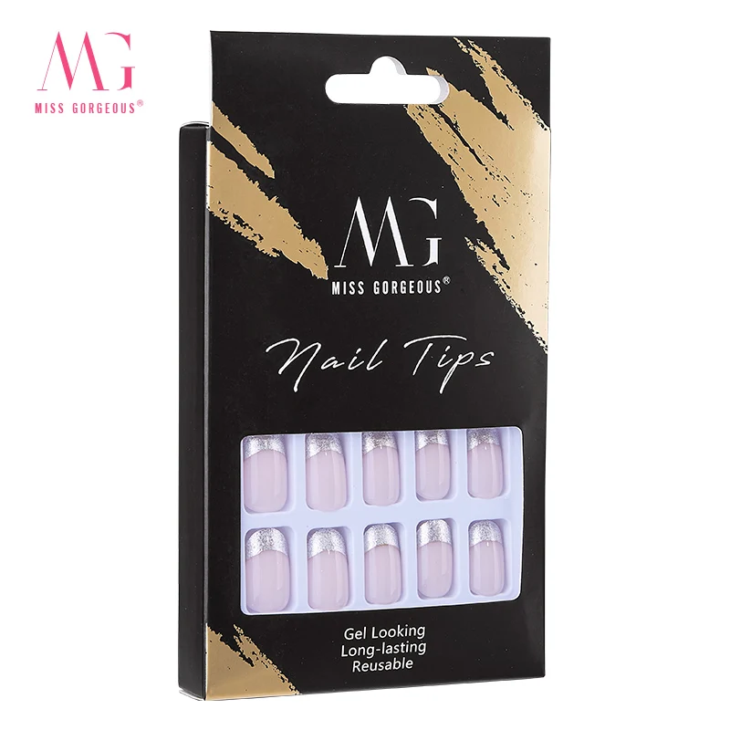 MG Wholesale Distribution 24pcs/set French Short Coffin Nail Reusable False Piece Ballet press on nails For Nail Tips