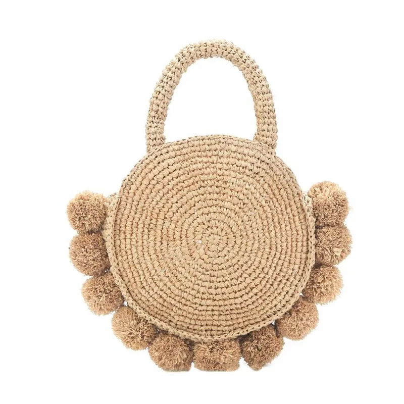 Handmade Bohemia Round Raffia Bags Large Summer Straw Beach Bags With Pom Pom