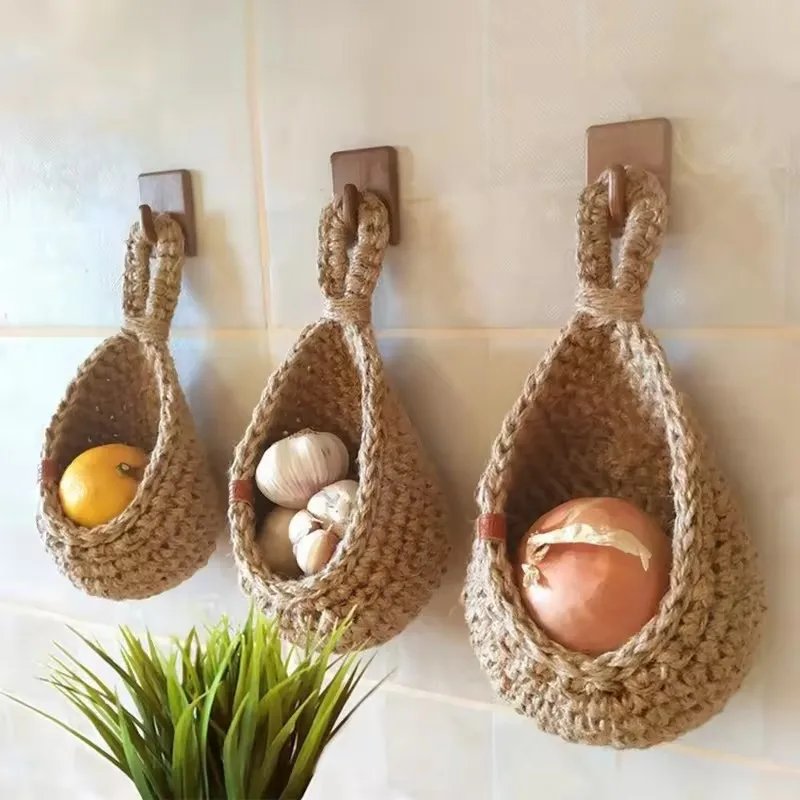 Handwoven Boho Jute Rope Foldable Wall Hanging Basket Eco-Friendly Vegetable Fruit Storage for Pantry Foldable Sundries Basket