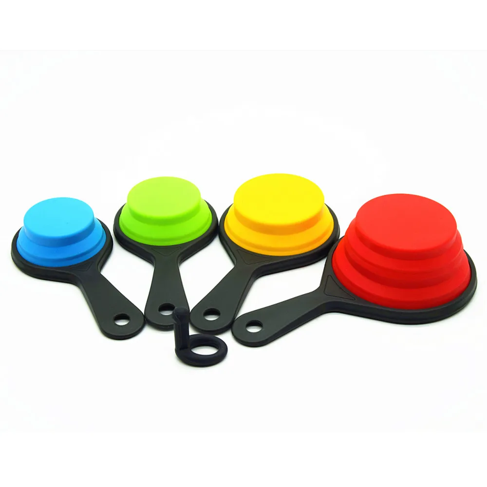 Kitchen Accessories 4 Piece Set Collapsible Silicone Measuring Cups Set With Plastic Handle Baking Tools