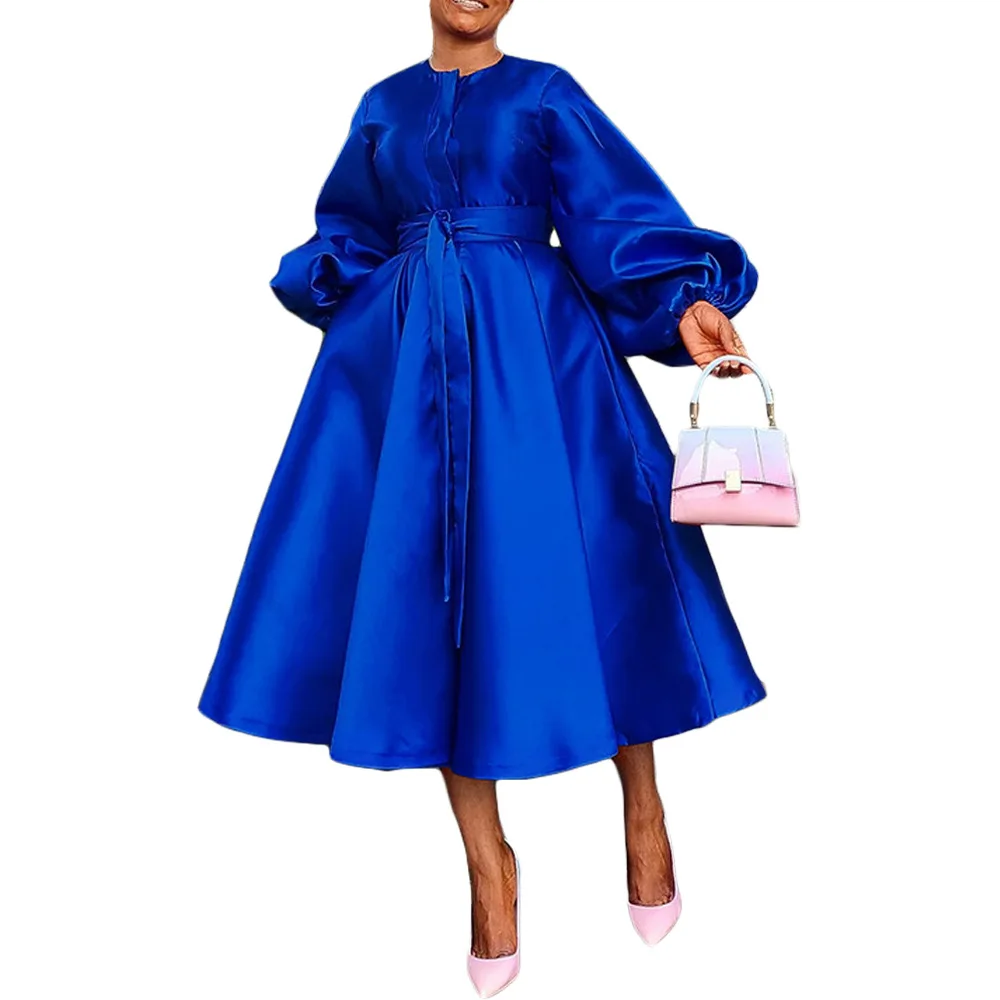 Women Satin Casual Fashion Lantern sleeve dress Belted Button A Line Long Dresses Flowy Maxi Dress