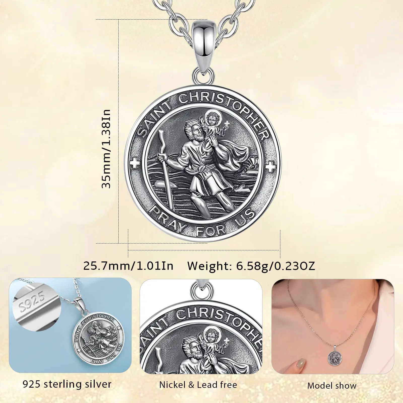 Changda 925 Sterling Silver Miraculous Medal Jesus Amulet Medal Jewelry Saint St Christopher Pendant Necklace for Men