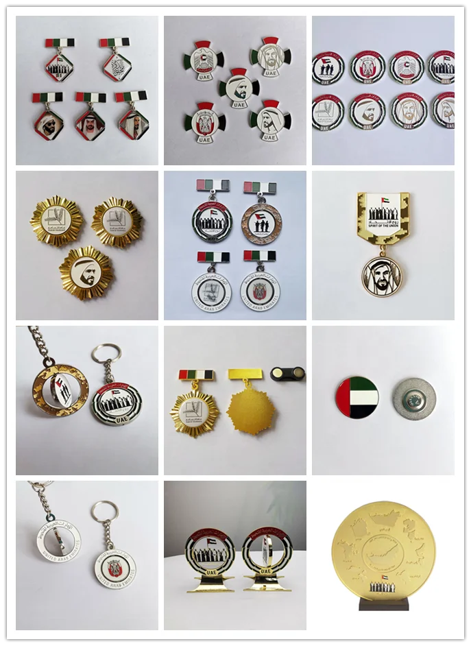 Wholesale printing UAE two people holding flag light weight stainless iron badge for souvenir