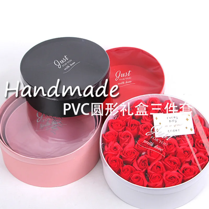 Newly Design Luxury 3Pcs/set Round Flower Box Preserved Flower Packaging Gift Box With PVC Window