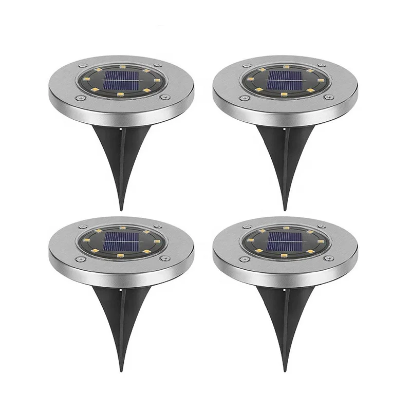 Hot Sale Smart Lawn Patio Stainless Steel 4 pack Solar Powered Disk Ground Light, Green Powered Outdoor 8 led Solar Garden Light