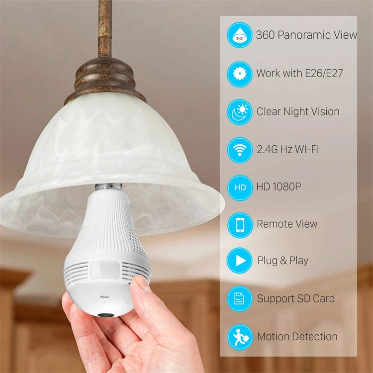 Fisheye IP Camera HD Two Way Audio 360 Degree Panoramic Wifi Light Lamp Bulb Fisheye CCTV Wireless Smart Camera support TF Cards