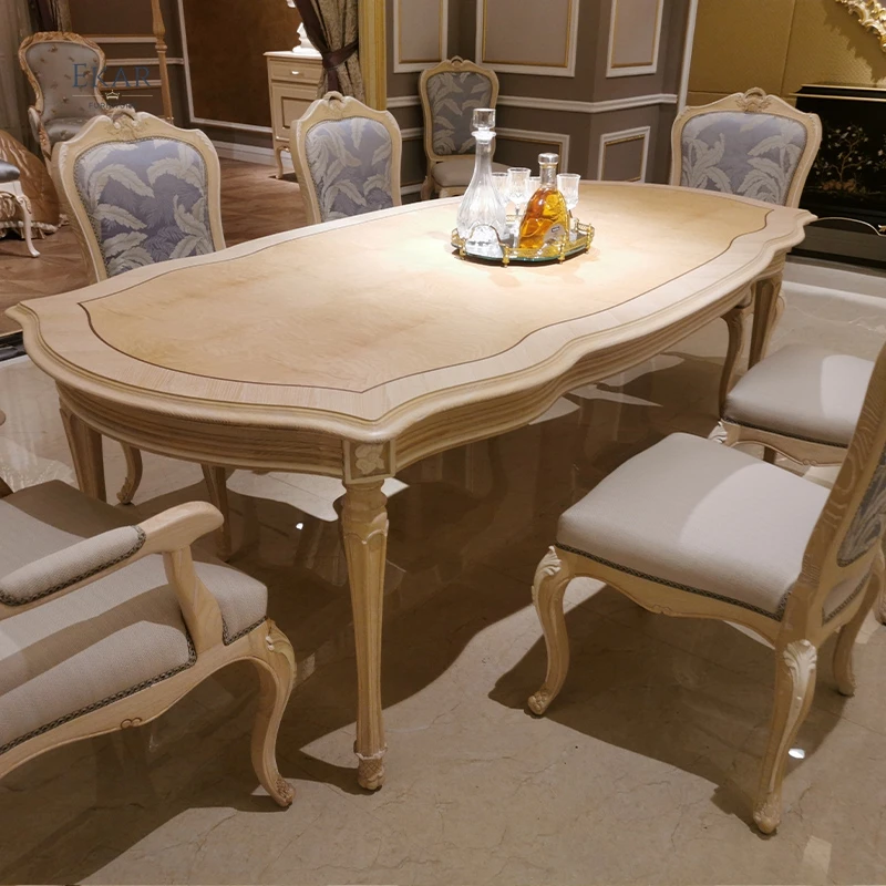 French Style Fabric Antique Wooden Carved Dining Armchair Solid Wood Frame Dining Chairs with Armrests