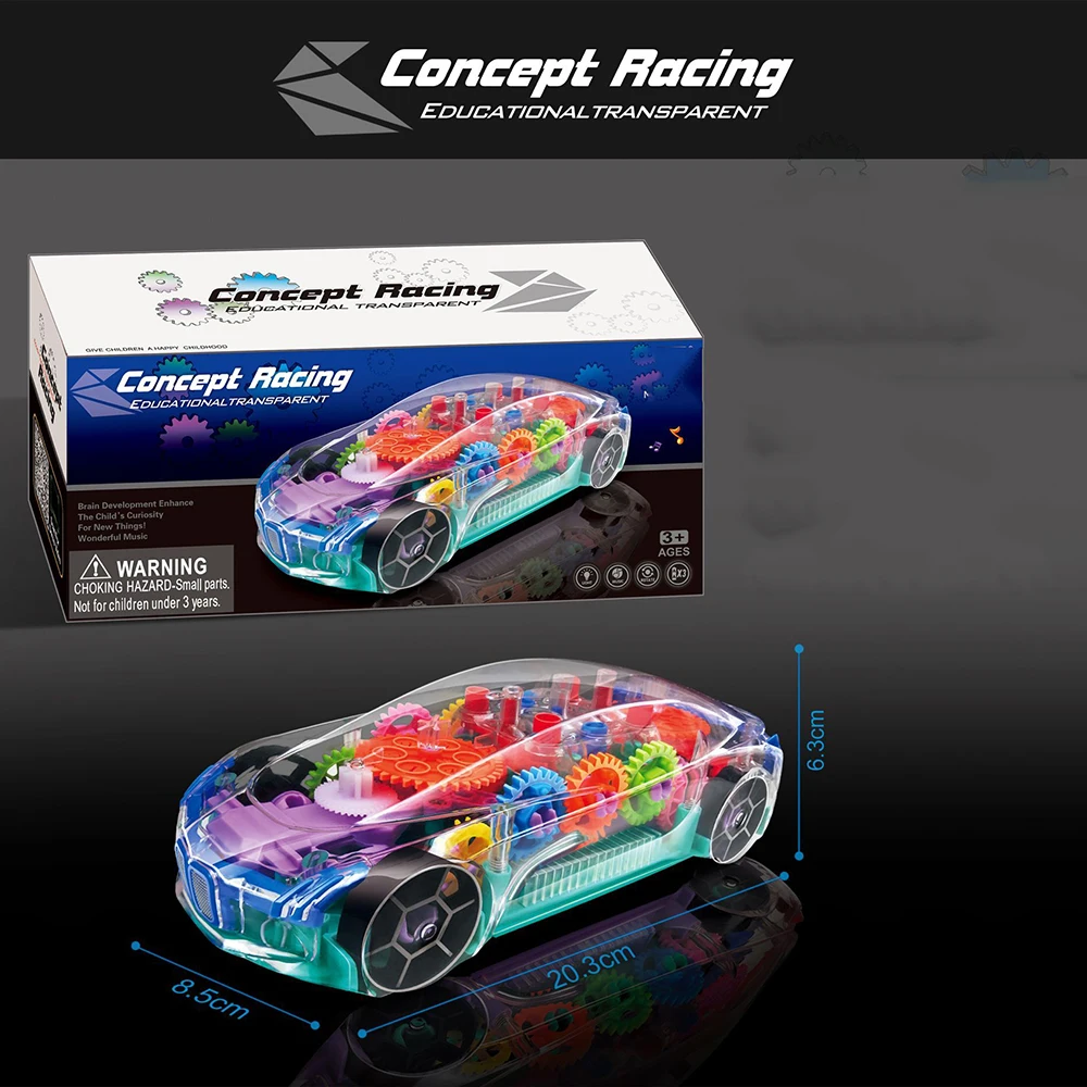 Transformation Toys Transparent Gear 360 Degree Rotation Concept Transparent universal wheel car toy  with Music Light