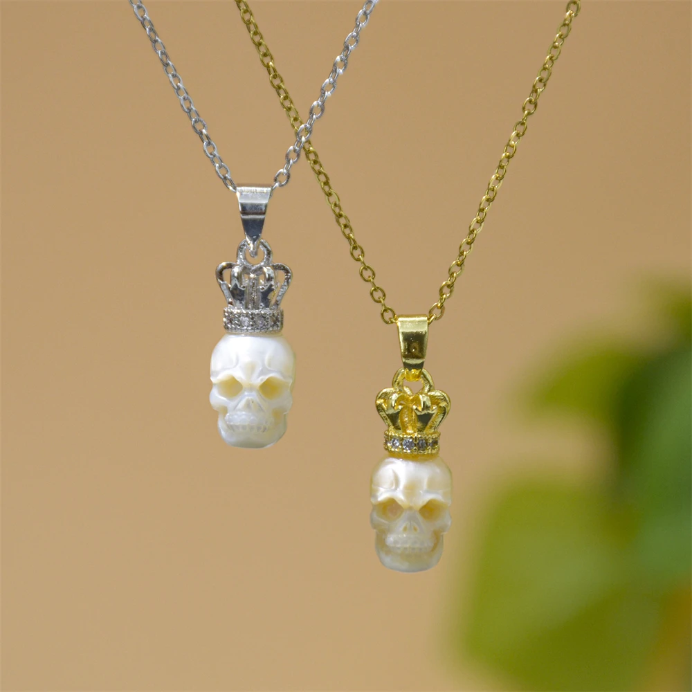 Carved Real Natural Fresh Water Pearl Necklace Silver Gold Plated CZ Crown Pendant Skull Head Pearl Necklace for Christmas Gifts