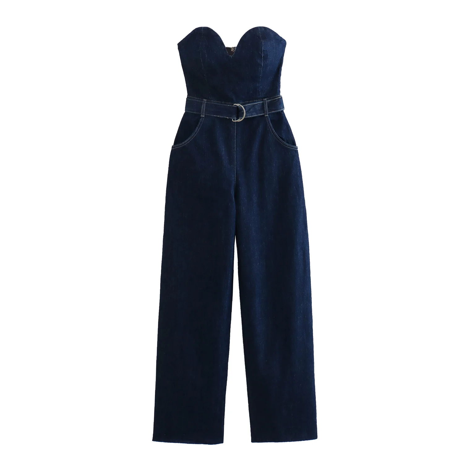 Denim blue color sashes strapless full length casual fashion jean jumpsuit for women