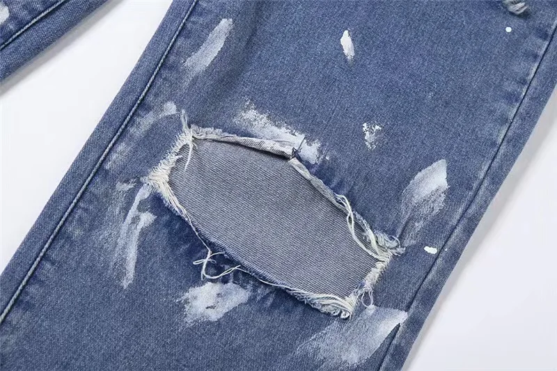 W women ripped denim pants 2022 Summer fashion hollow-out painted high-waisted straight-tube skinny Street Girl jeans