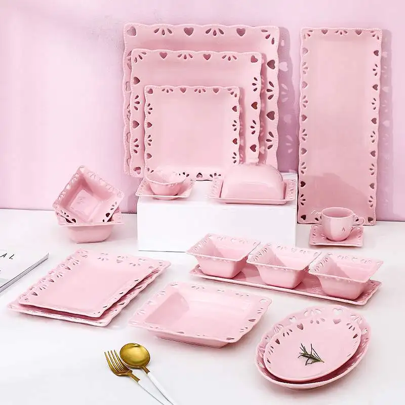 Hot Sale Factory Direct Classic French Hollow-out Dinner Set Ceramic Wedding Dinner Sets Square Pink Porcelain Plates Sets