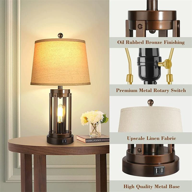 Dimmable Farmhouse Touch Lamps Modern Black Nightstand Desk Lamp with two USB ports for Living Room