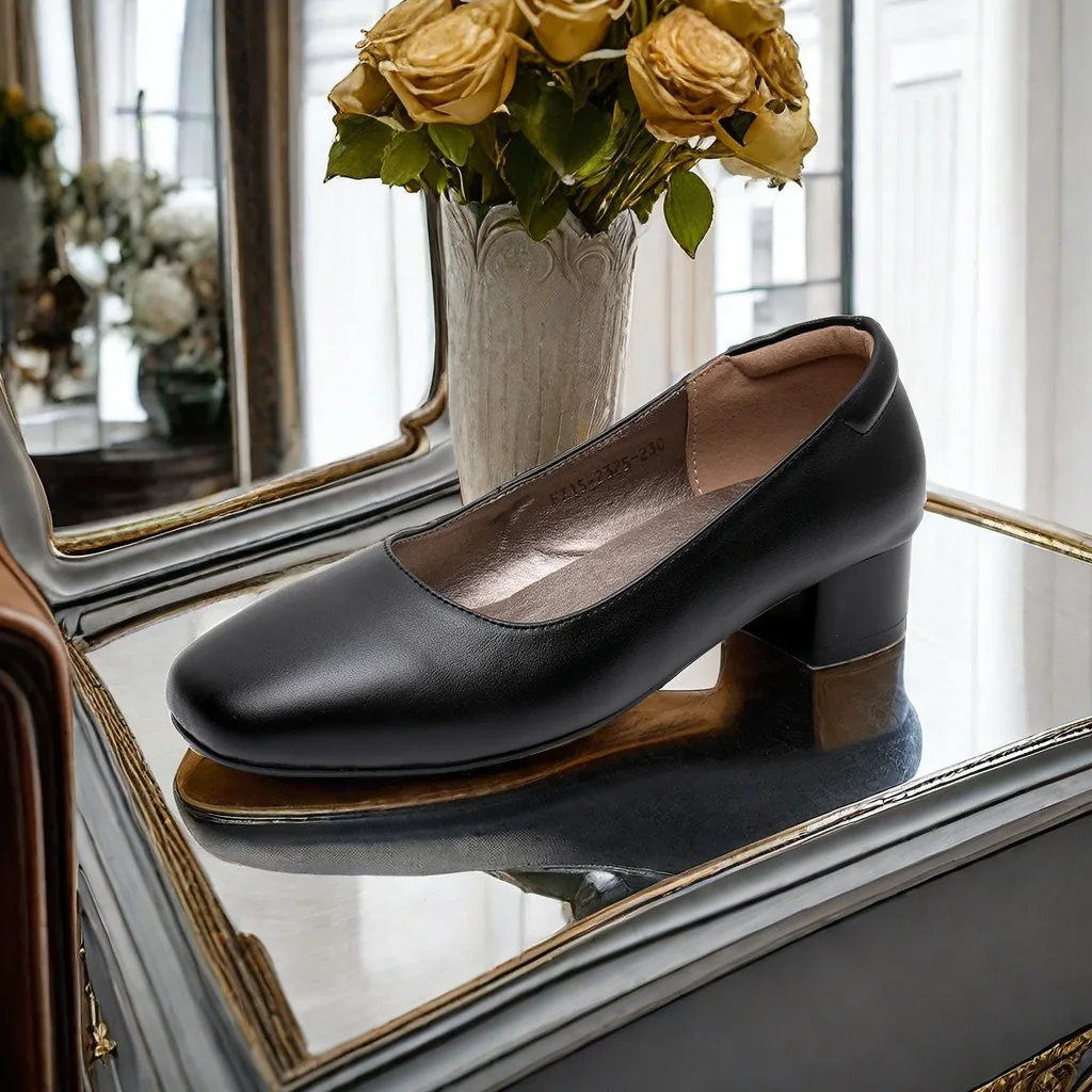 Top cow leather Hotel Waiter office shoes women pumps suit nonslip formal chunky heel stewardess 3.5cm heel shoe factory