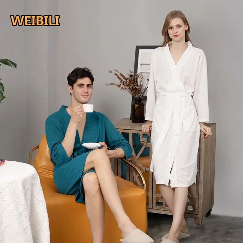 High-Quality Couples Simple Casual Waffle Nightgown Autumn And Winter Thin Home Wear Bathrobe