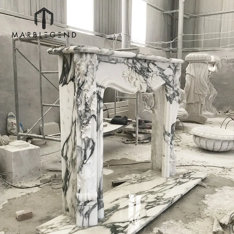 Home Indoor Decor Stone Carving Arabescato White Marble Fireplace Mantel