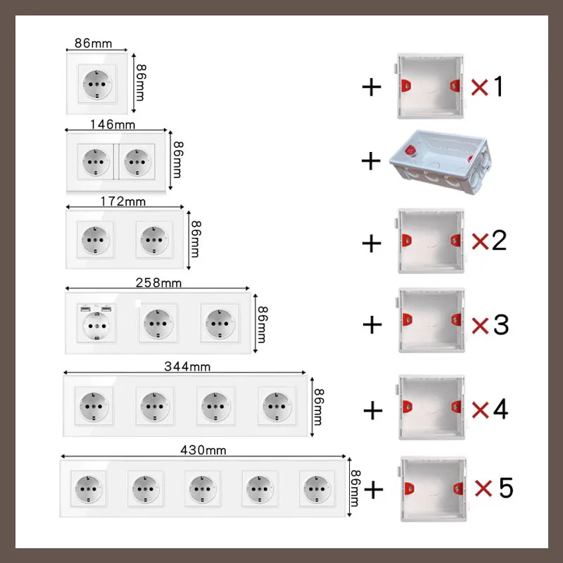 German black crystal tempered glass double triple 16A wall socket, three four five connected electrical socket, USB eu socket
