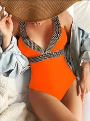 Manufacture Custom Wholesale New High Quality Sexy Solid One Piece Bikini Beach wear V Neck Swimsuit Women Fitness Swimwear