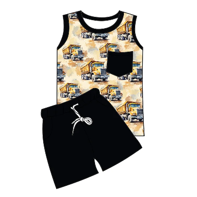 Zs16 Summer Truck Print Short Sleeve Boy Cartoon T Shirt Set 2 Pcs Suit for Boys