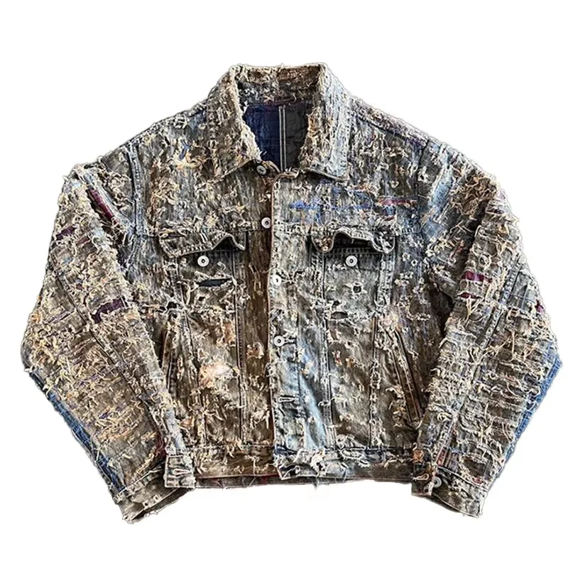 DiZNEW Jacket man Custom made high quality distressed heavy button jeans jacket for men