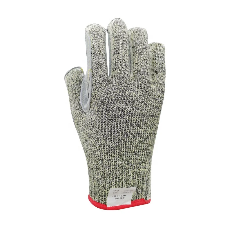 ANSI A5 Cut resistant Aramid Steel Knit Glove With Leather palm Safety Work Gloves