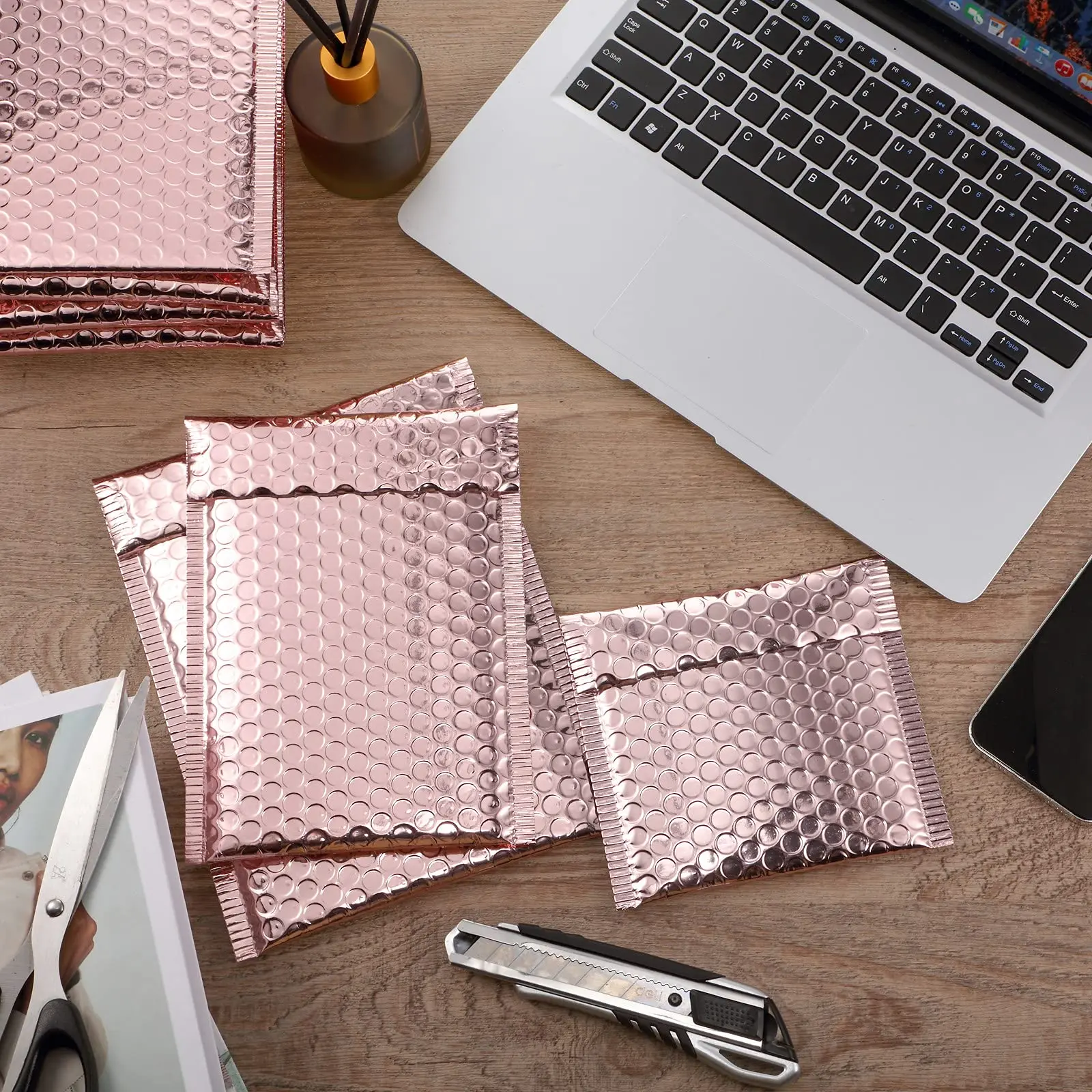 Custom Logo Rose Gold Metallic Mailer Shipping Envelope Padded Postal Satchels Bubble Poly Packaging Mailing Bag