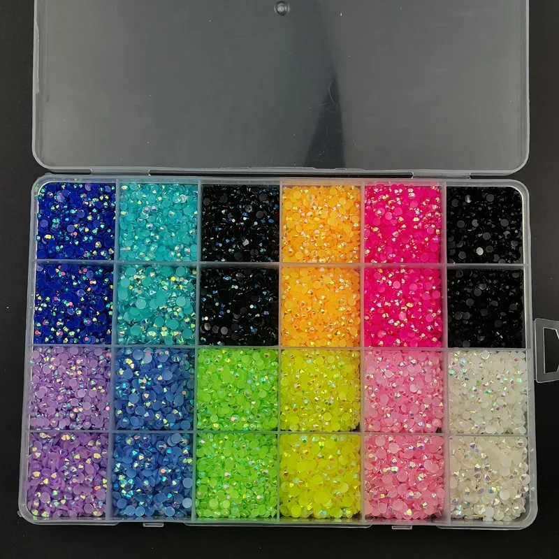 Wholesale 24 Cells Mixed Colors Jelly AB Candy Stone Boxes Resin Nail Rhinestones Flat Back Crystals for DIY Bags Art Crafts