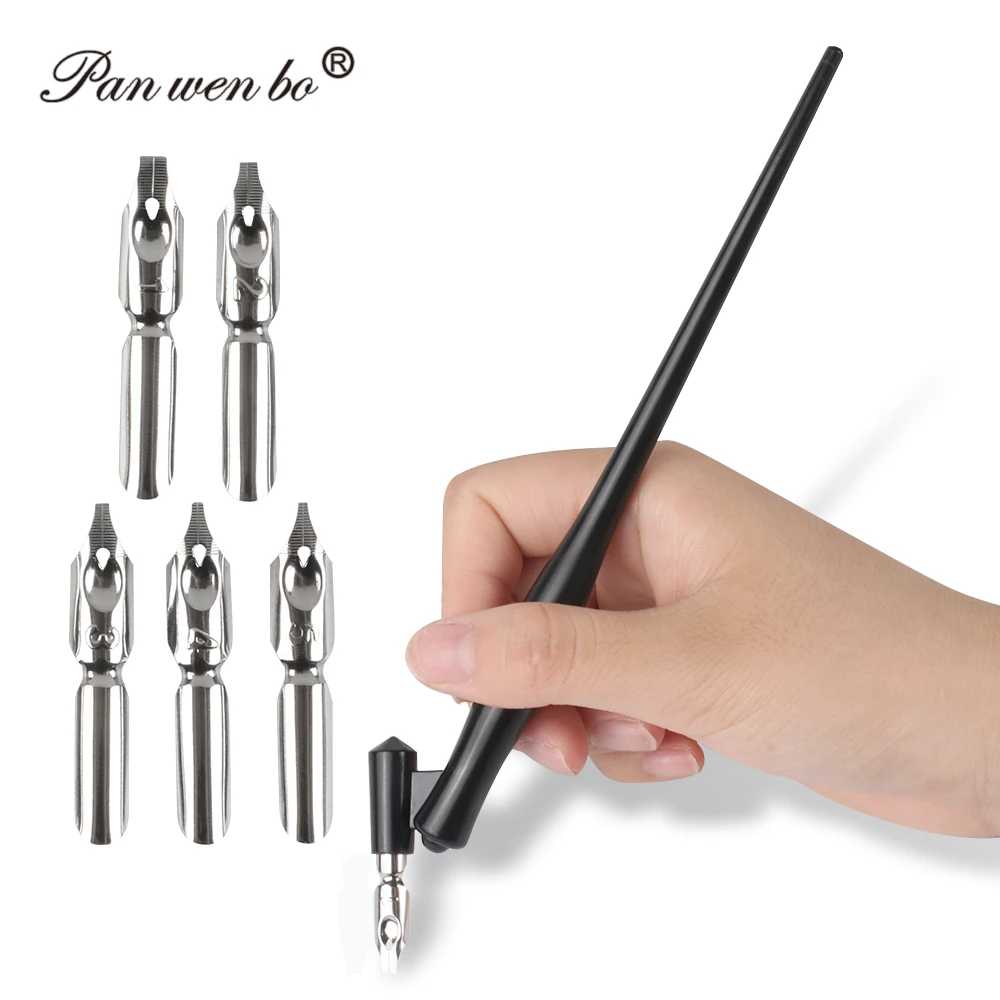Panwenbo Plastic Handle Drawing Tip Pen Set Calligraphy Dip Brushes with 5 Replaceable Nibs