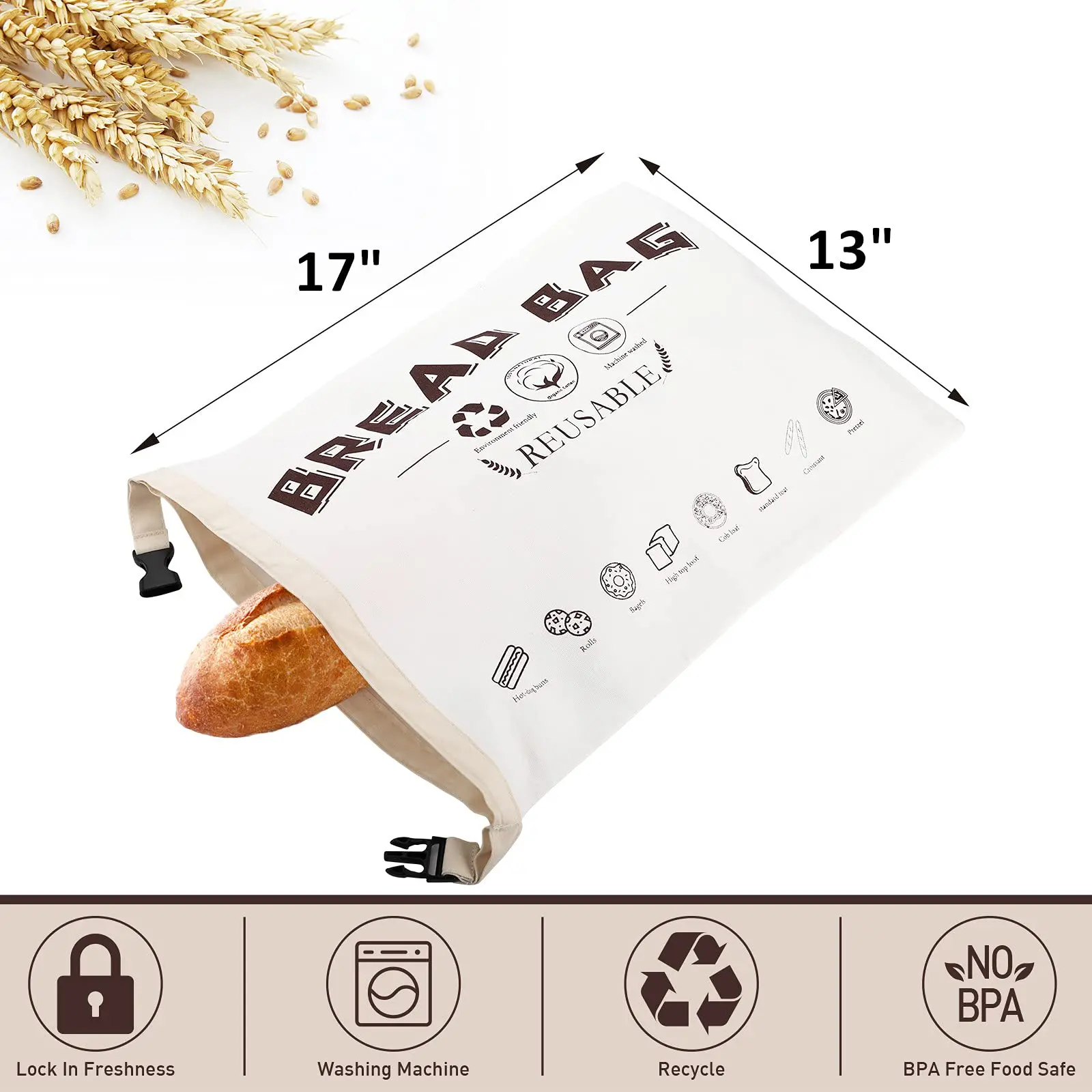 Reusable Custom Logo Organic Cotton Linen Zipper Bread Bag with Double  for Fresh Keep Homemade Bread Gift Giving