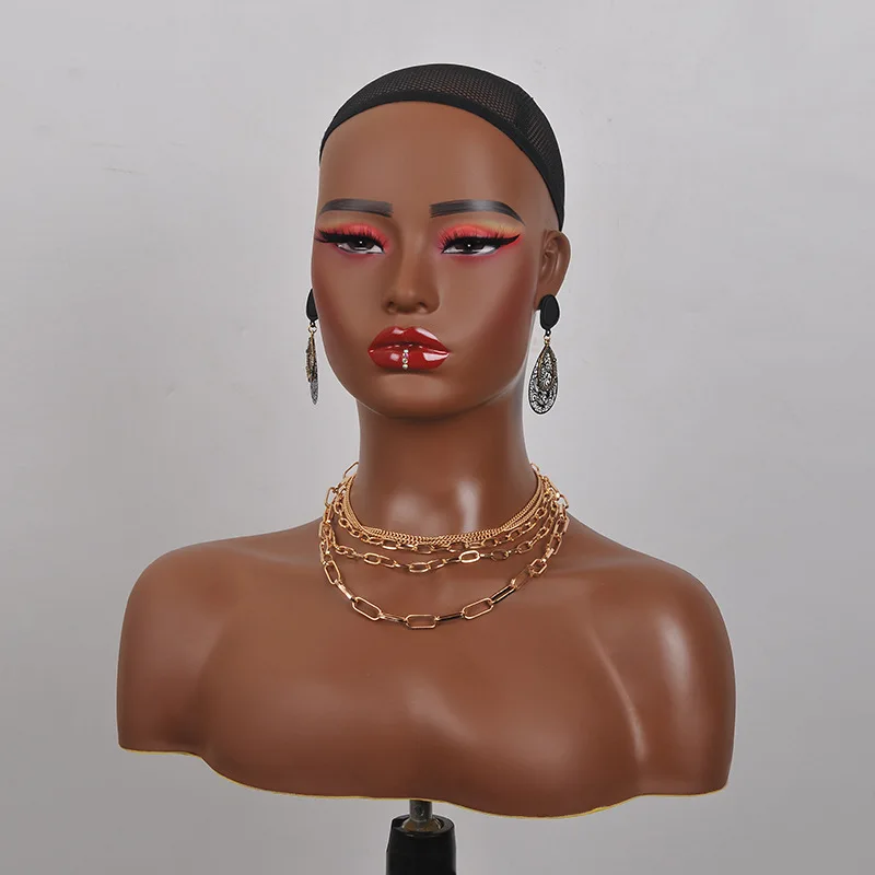 New Wholesale Makeup PVC Female Display African American Bust Mannequin Head with Shoulders for Wig Display