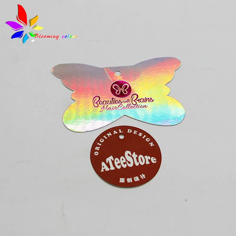 Customized butterfly shape printing brand name logo wigs cloth paper hang tag