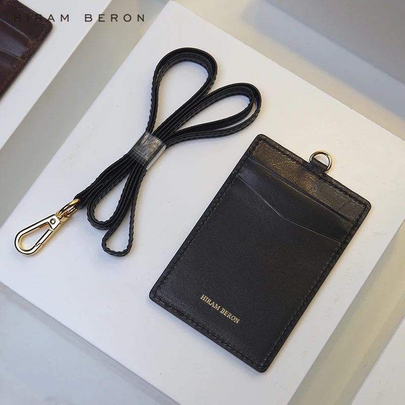 Hiram Beron Italian cow leather ID Card Holder Badge black staff neck card