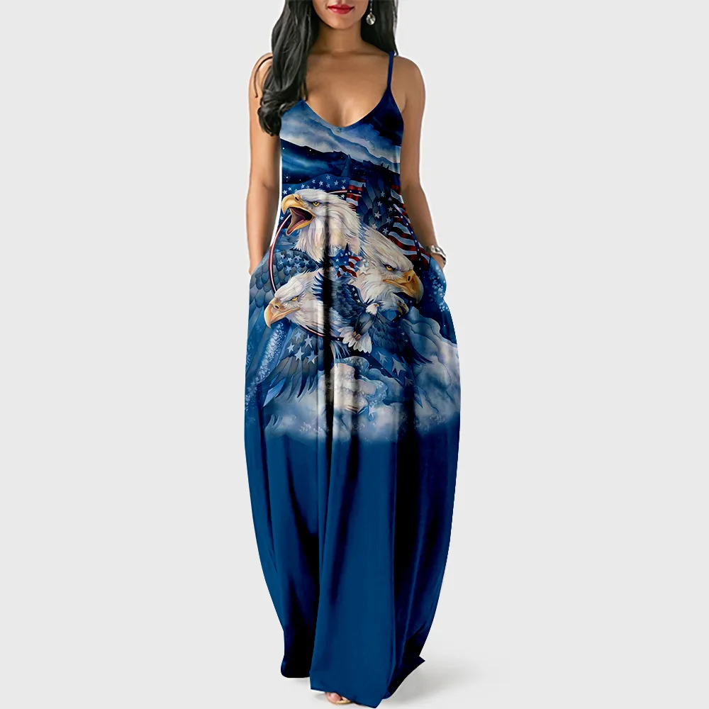 OEM Custom American Flag Print Summer Fashion Sleeveless Long Ladies Frock Elegant Casual Slip Sundress Women Casual Maxi Dress