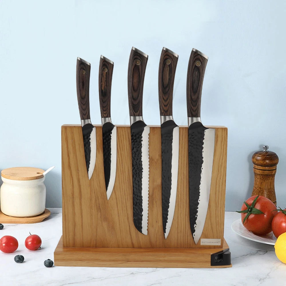 KITCHENCARE Wholesale Kitchen Knife Holder Ash Wood Magnetic Knife Block with Sharpener