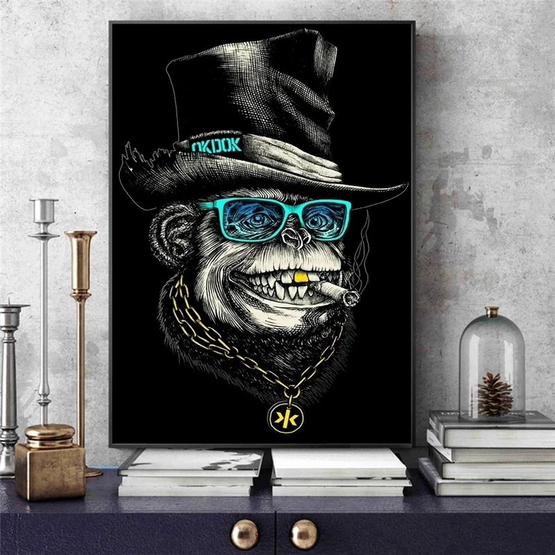 Black Hat And Golden Necklace Funny Smoking Monkey Poster And Print Canvas Painting On Wall Art Animal Picture Modern Home Decor