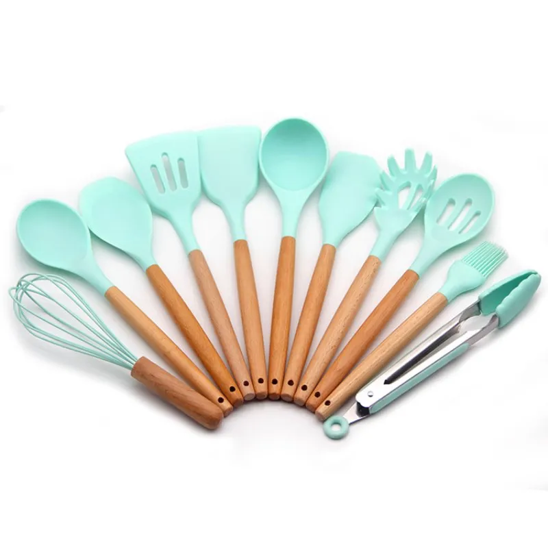 Wood Handle Silicone Utensils Kitchenware 11Piece Set Kitchen Tool Shovel Spoon Set