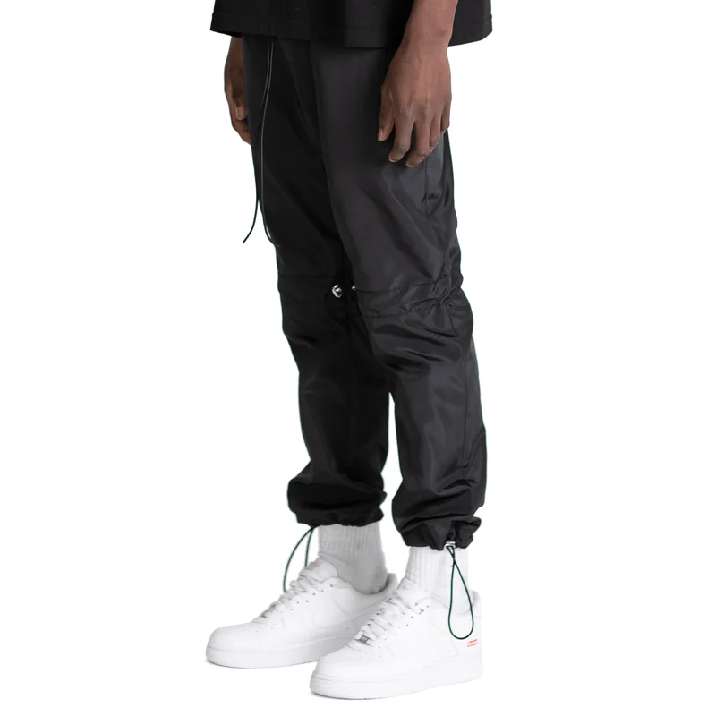 Custom Men Black Drawstring Waist Nylon Pants  Wholesale 100% Nylon Jogger Relax Fit Cargo Pants