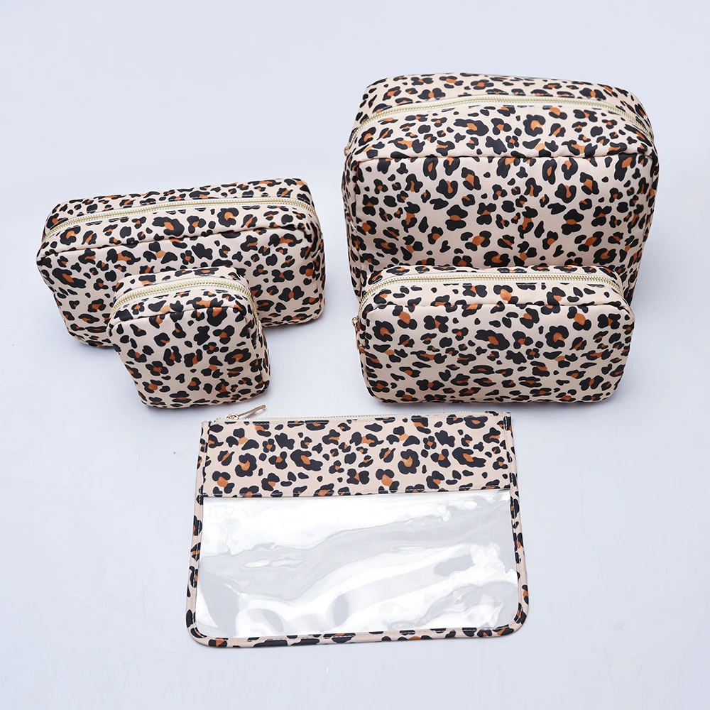 Women Leopard Print Nylon Cosmetic Bags Cheetah Pattern Waterproof Clear Toiletry Cosmetic Pouches Ladies Makeup Travel Bag