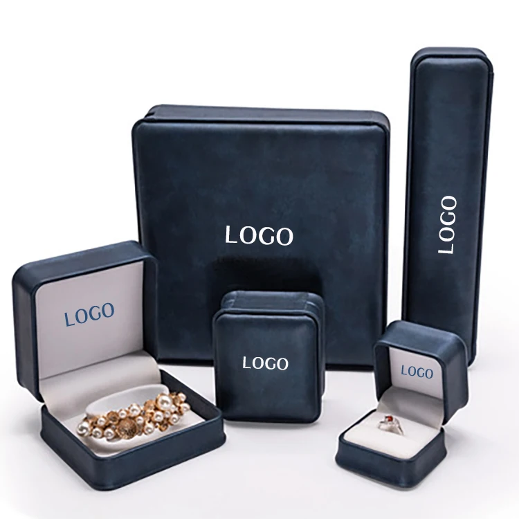 Luxury Custom Logo Navy Key Lock Blue Ring White Light Big Jewelry Necklace Box With Pu Leather